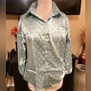 Teal Monogram Silk Button Down Top
